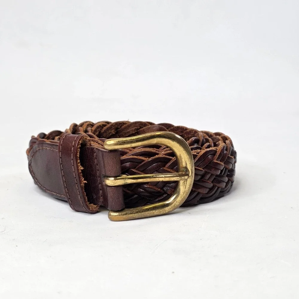 GreatLand Men's Braided Leather Belt Dark Brown Solid Brass Buckle 444-226 L